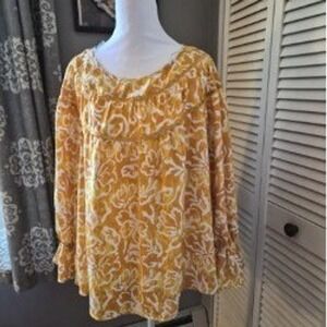 Zac & Rachel Womens XL Yellow Abstract Floral Ruffle Sleeve Keyhole Back Blouse